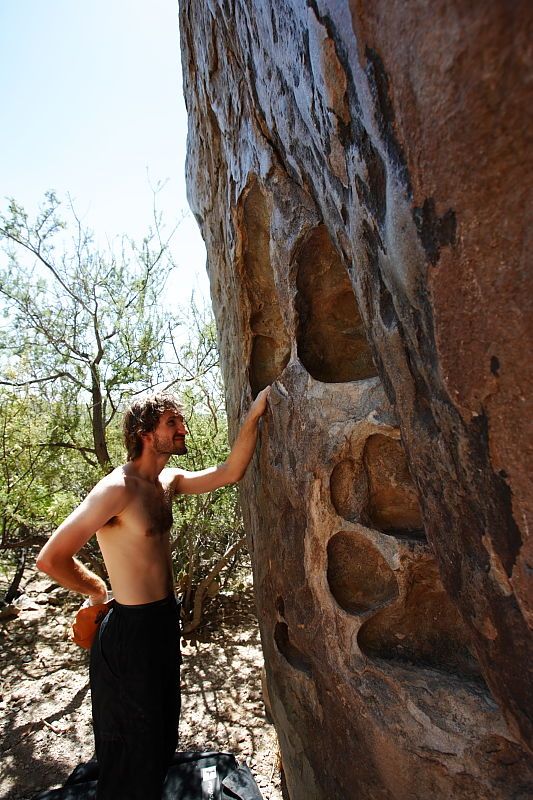 Andrew Dreher rock climbing in Hueco Tanks State Park and Historic Site during the Hueco Tanks Awesome Fest 2010 trip, Friday, May 21, 2010.

Filename: SRM_20100521_16284216.JPG
Aperture: f/4.0
Shutter Speed: 1/400
Body: Canon EOS-1D Mark II
Lens: Canon EF 16-35mm f/2.8 L