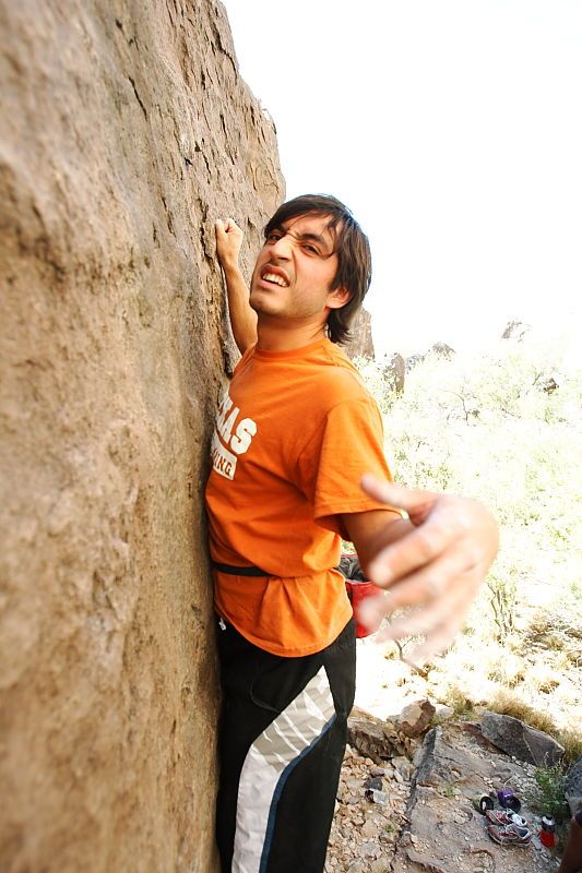 Javier Morales rock climbing in Hueco Tanks State Park and Historic Site during the Hueco Tanks Awesome Fest 2010 trip, Friday, May 21, 2010.

Filename: SRM_20100521_17523461.JPG
Aperture: f/4.0
Shutter Speed: 1/200
Body: Canon EOS-1D Mark II
Lens: Canon EF 16-35mm f/2.8 L