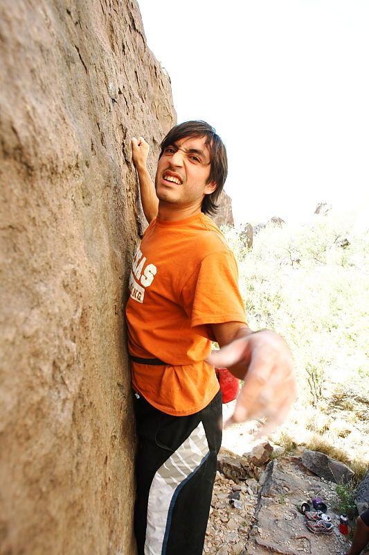 Javier Morales rock climbing in Hueco Tanks State Park and Historic Site during the Hueco Tanks Awesome Fest 2010 trip, Friday, May 21, 2010.

Filename: SRM_20100521_17523462.JPG
Aperture: f/4.0
Shutter Speed: 1/200
Body: Canon EOS-1D Mark II
Lens: Canon EF 16-35mm f/2.8 L