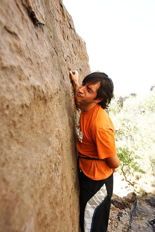 Javier Morales rock climbing in Hueco Tanks State Park and Historic Site during the Hueco Tanks Awesome Fest 2010 trip, Friday, May 21, 2010.

Filename: SRM_20100521_17524865.JPG
Aperture: f/4.0
Shutter Speed: 1/250
Body: Canon EOS-1D Mark II
Lens: Canon EF 16-35mm f/2.8 L