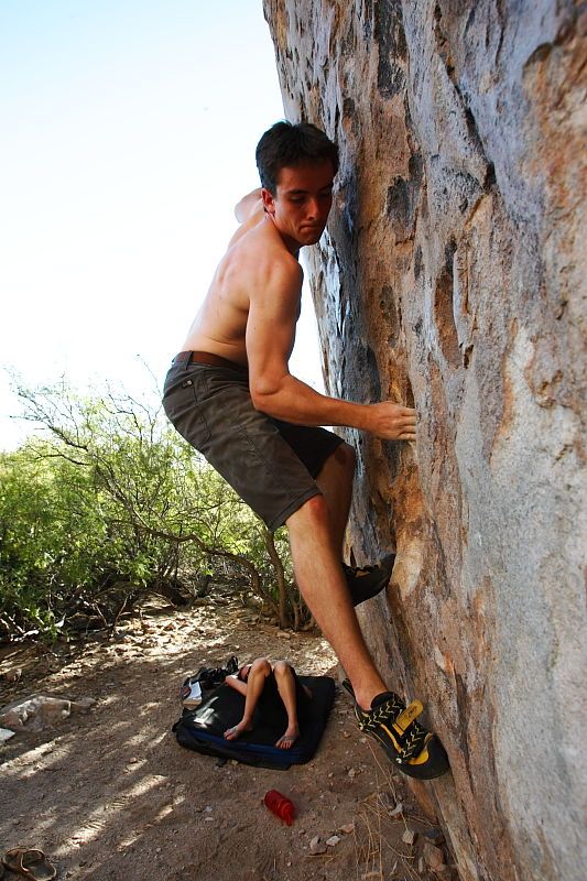 Raanan Robertson rock climbing in Hueco Tanks State Park and Historic Site during the Hueco Tanks Awesome Fest 2010 trip, Friday, May 21, 2010.

Filename: SRM_20100521_19251503.JPG
Aperture: f/8.0
Shutter Speed: 1/160
Body: Canon EOS-1D Mark II
Lens: Canon EF 16-35mm f/2.8 L