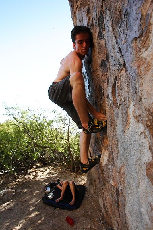 Raanan Robertson rock climbing in Hueco Tanks State Park and Historic Site during the Hueco Tanks Awesome Fest 2010 trip, Friday, May 21, 2010.

Filename: SRM_20100521_19251605.JPG
Aperture: f/8.0
Shutter Speed: 1/160
Body: Canon EOS-1D Mark II
Lens: Canon EF 16-35mm f/2.8 L