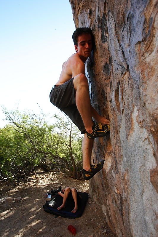 Raanan Robertson rock climbing in Hueco Tanks State Park and Historic Site during the Hueco Tanks Awesome Fest 2010 trip, Friday, May 21, 2010.

Filename: SRM_20100521_19251606.JPG
Aperture: f/8.0
Shutter Speed: 1/200
Body: Canon EOS-1D Mark II
Lens: Canon EF 16-35mm f/2.8 L