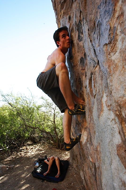 Raanan Robertson rock climbing in Hueco Tanks State Park and Historic Site during the Hueco Tanks Awesome Fest 2010 trip, Friday, May 21, 2010.

Filename: SRM_20100521_19251608.JPG
Aperture: f/8.0
Shutter Speed: 1/160
Body: Canon EOS-1D Mark II
Lens: Canon EF 16-35mm f/2.8 L