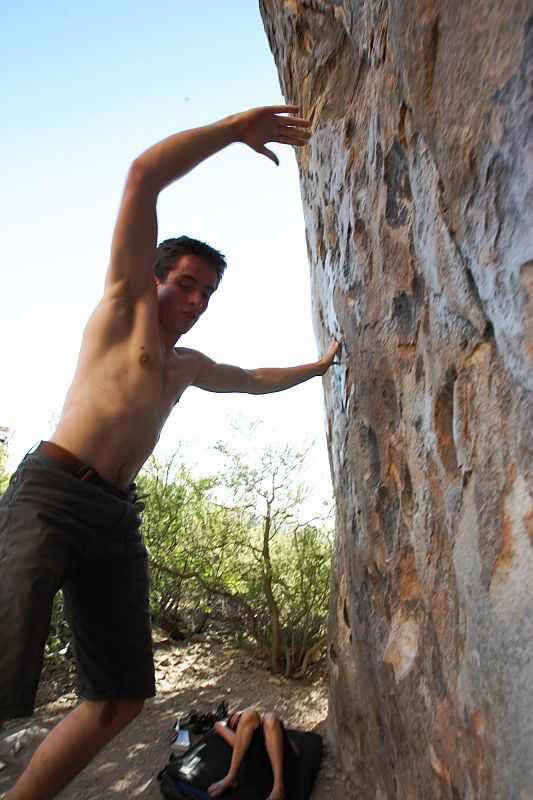 Raanan Robertson rock climbing in Hueco Tanks State Park and Historic Site during the Hueco Tanks Awesome Fest 2010 trip, Friday, May 21, 2010.

Filename: SRM_20100521_19251813.JPG
Aperture: f/8.0
Shutter Speed: 1/250
Body: Canon EOS-1D Mark II
Lens: Canon EF 16-35mm f/2.8 L