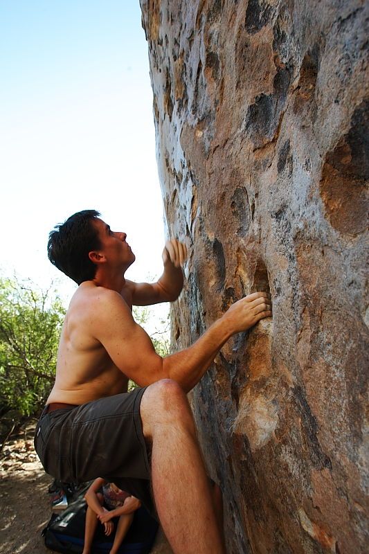 Raanan Robertson rock climbing in Hueco Tanks State Park and Historic Site during the Hueco Tanks Awesome Fest 2010 trip, Friday, May 21, 2010.

Filename: SRM_20100521_19283818.JPG
Aperture: f/5.6
Shutter Speed: 1/250
Body: Canon EOS-1D Mark II
Lens: Canon EF 16-35mm f/2.8 L