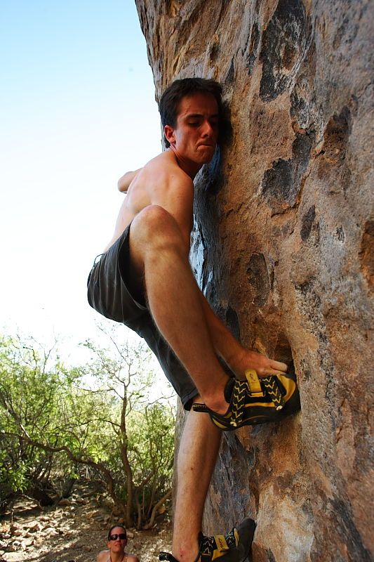 Raanan Robertson rock climbing in Hueco Tanks State Park and Historic Site during the Hueco Tanks Awesome Fest 2010 trip, Friday, May 21, 2010.

Filename: SRM_20100521_19284525.JPG
Aperture: f/5.6
Shutter Speed: 1/200
Body: Canon EOS-1D Mark II
Lens: Canon EF 16-35mm f/2.8 L