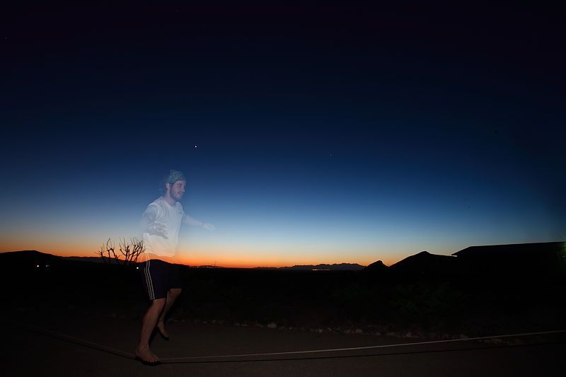 Steve Marek slacklining at the Hueco Rock Ranch during the Hueco Tanks Awesome Fest 2010 trip, Friday, May 21, 2010.

Filename: SRM_20100521_21433740.JPG
Aperture: f/11.0
Shutter Speed: 30/1
Body: Canon EOS-1D Mark II
Lens: Canon EF 16-35mm f/2.8 L