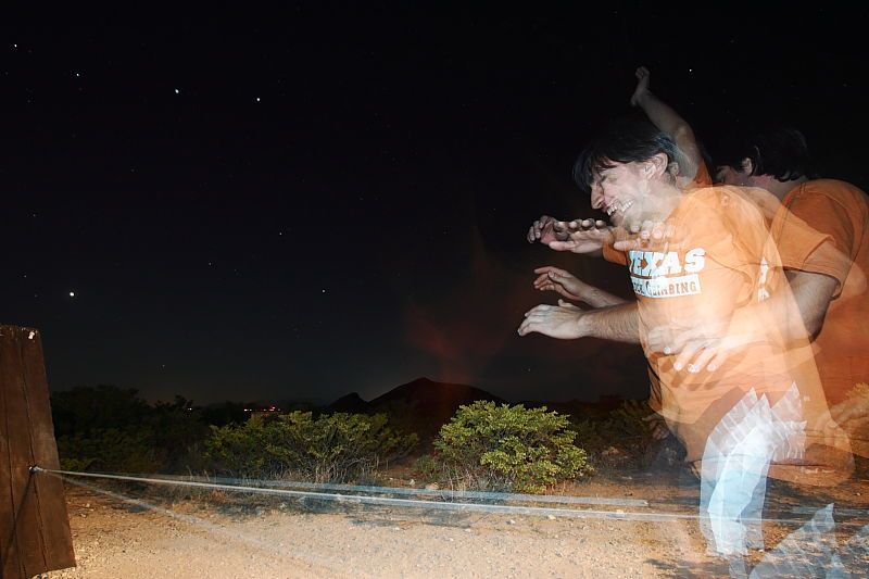 Slacklining at the Hueco Rock Ranch during the Hueco Tanks Awesome Fest 2010 trip, Friday, May 21, 2010.

Filename: SRM_20100521_22330662.JPG
Aperture: f/5.6
Shutter Speed: 30/1
Body: Canon EOS-1D Mark II
Lens: Canon EF 16-35mm f/2.8 L