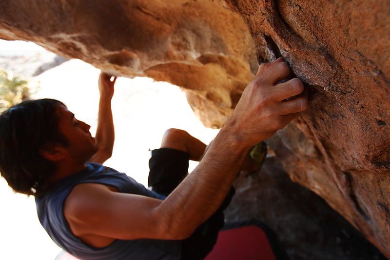 Javier Morales rock climbing in Hueco Tanks State Park and Historic Site during the Hueco Tanks Awesome Fest 2010 trip, Saturday, May 22, 2010.

Filename: SRM_20100522_12172298.JPG
Aperture: f/4.0
Shutter Speed: 1/640
Body: Canon EOS-1D Mark II
Lens: Canon EF 16-35mm f/2.8 L