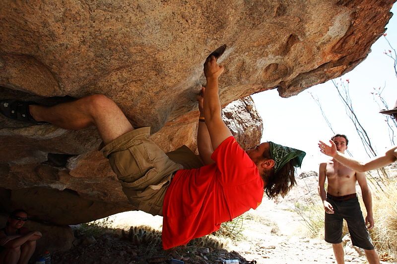 Steve Marek rock climbing on No One Gets Out of Here Alive (V2) in Hueco Tanks State Park and Historic Site during the Hueco Tanks Awesome Fest 2010 trip, Saturday, May 22, 2010.

Filename: SRM_20100522_15182906.JPG
Aperture: f/5.6
Shutter Speed: 1/640
Body: Canon EOS-1D Mark II
Lens: Canon EF 16-35mm f/2.8 L