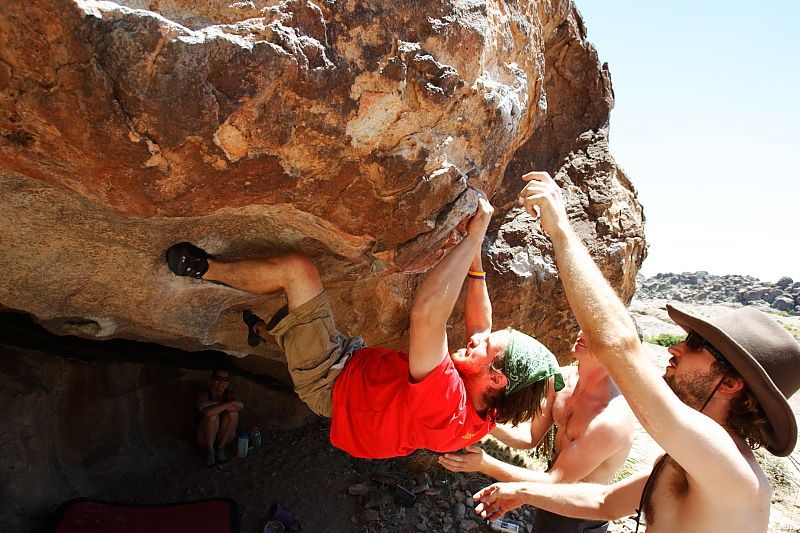 Steve Marek rock climbing on No One Gets Out of Here Alive (V2) in Hueco Tanks State Park and Historic Site during the Hueco Tanks Awesome Fest 2010 trip, Saturday, May 22, 2010.

Filename: SRM_20100522_15184421.JPG
Aperture: f/5.6
Shutter Speed: 1/800
Body: Canon EOS-1D Mark II
Lens: Canon EF 16-35mm f/2.8 L