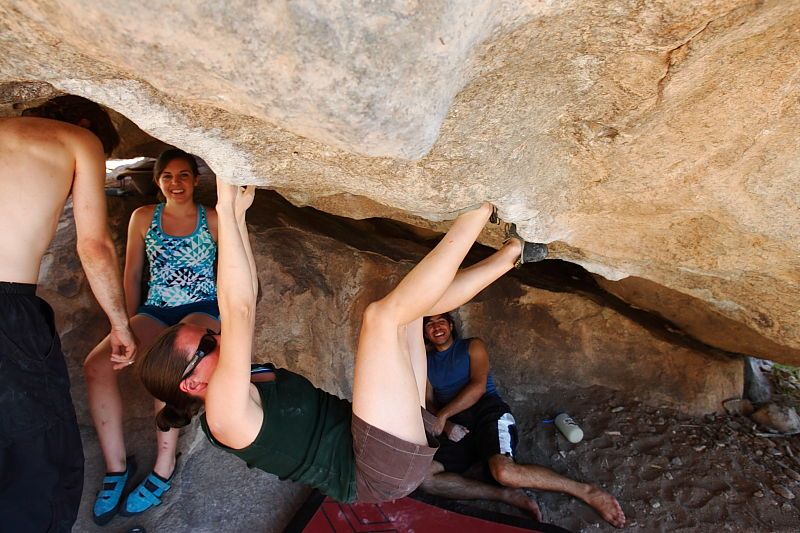 Beth Marek rock climbing on No One Gets Out of Here Alive (V2) in Hueco Tanks State Park and Historic Site during the Hueco Tanks Awesome Fest 2010 trip, Saturday, May 22, 2010.

Filename: SRM_20100522_15315787.JPG
Aperture: f/5.6
Shutter Speed: 1/160
Body: Canon EOS-1D Mark II
Lens: Canon EF 16-35mm f/2.8 L