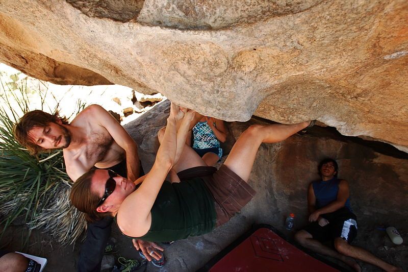 Beth Marek rock climbing on No One Gets Out of Here Alive (V2) in Hueco Tanks State Park and Historic Site during the Hueco Tanks Awesome Fest 2010 trip, Saturday, May 22, 2010.

Filename: SRM_20100522_15321592.JPG
Aperture: f/5.6
Shutter Speed: 1/320
Body: Canon EOS-1D Mark II
Lens: Canon EF 16-35mm f/2.8 L