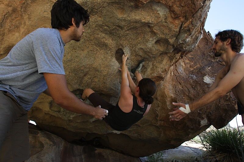 Beth Marek rock climbing on No One Gets Out of Here Alive (V2) in Hueco Tanks State Park and Historic Site during the Hueco Tanks Awesome Fest 2010 trip, Sunday, May 23, 2010.

Filename: SRM_20100523_10542562.JPG
Aperture: f/5.6
Shutter Speed: 1/500
Body: Canon EOS-1D Mark II
Lens: Canon EF 16-35mm f/2.8 L