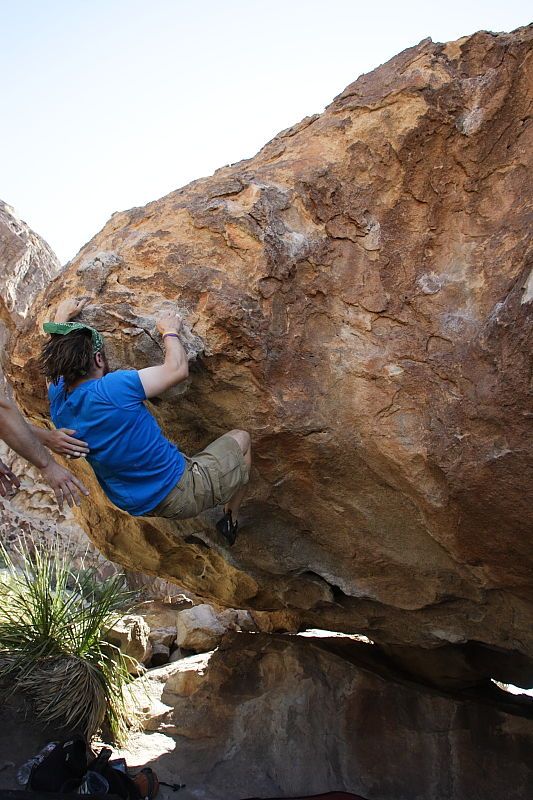 Steve Marek rock climbing on No One Gets Out of Here Alive (V2) in Hueco Tanks State Park and Historic Site during the Hueco Tanks Awesome Fest 2010 trip, Sunday, May 23, 2010.

Filename: SRM_20100523_11112423.JPG
Aperture: f/5.6
Shutter Speed: 1/500
Body: Canon EOS-1D Mark II
Lens: Canon EF 16-35mm f/2.8 L