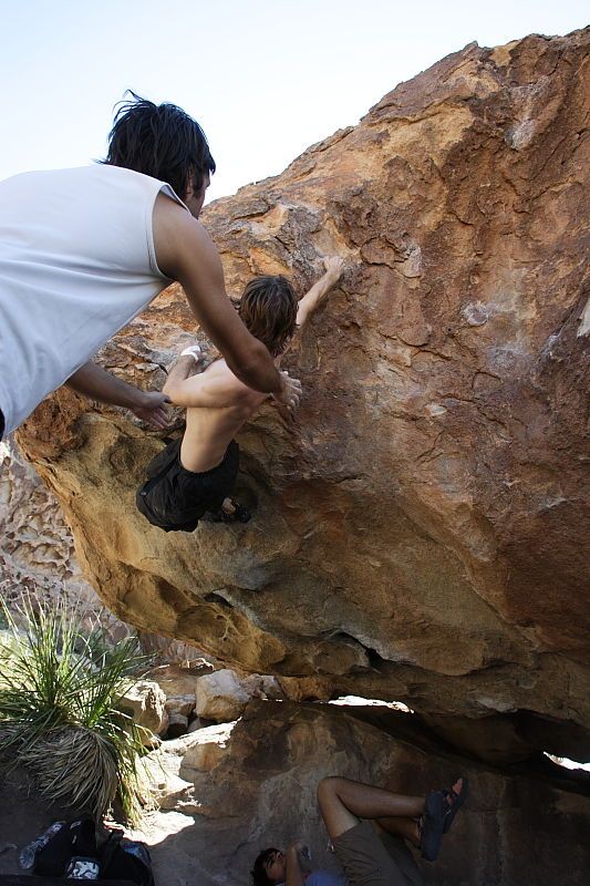 Andrew Dreher rock climbing on No One Gets Out of Here Alive (V2) in Hueco Tanks State Park and Historic Site during the Hueco Tanks Awesome Fest 2010 trip, Sunday, May 23, 2010.

Filename: SRM_20100523_11152944.JPG
Aperture: f/5.6
Shutter Speed: 1/500
Body: Canon EOS-1D Mark II
Lens: Canon EF 16-35mm f/2.8 L