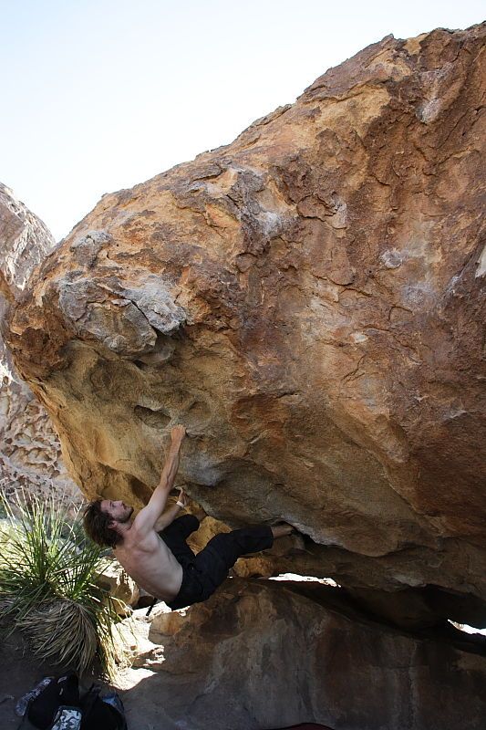 Andrew Dreher rock climbing on No One Gets Out of Here Alive (V2) in Hueco Tanks State Park and Historic Site during the Hueco Tanks Awesome Fest 2010 trip, Sunday, May 23, 2010.

Filename: SRM_20100523_11223681.JPG
Aperture: f/5.6
Shutter Speed: 1/500
Body: Canon EOS-1D Mark II
Lens: Canon EF 16-35mm f/2.8 L