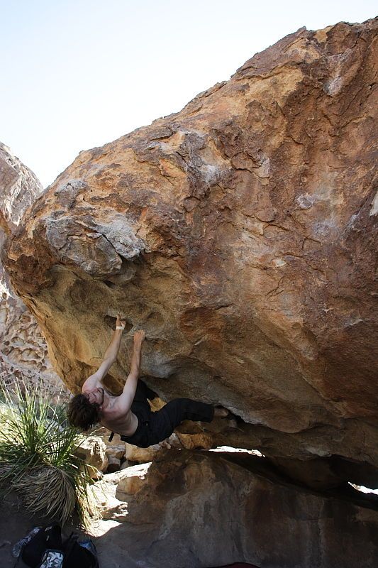 Andrew Dreher rock climbing on No One Gets Out of Here Alive (V2) in Hueco Tanks State Park and Historic Site during the Hueco Tanks Awesome Fest 2010 trip, Sunday, May 23, 2010.

Filename: SRM_20100523_11223882.JPG
Aperture: f/5.6
Shutter Speed: 1/500
Body: Canon EOS-1D Mark II
Lens: Canon EF 16-35mm f/2.8 L