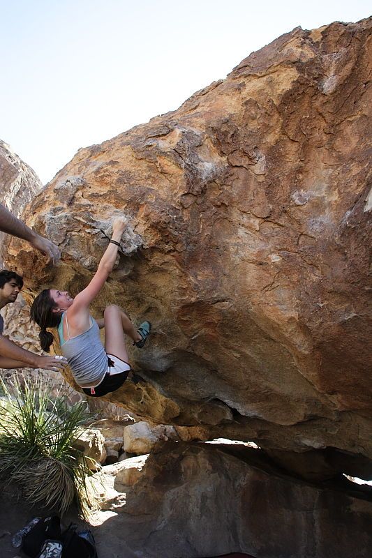 Sarah Williams rock climbing on No One Gets Out of Here Alive (V2) in Hueco Tanks State Park and Historic Site during the Hueco Tanks Awesome Fest 2010 trip, Sunday, May 23, 2010.

Filename: SRM_20100523_11242508.JPG
Aperture: f/5.6
Shutter Speed: 1/500
Body: Canon EOS-1D Mark II
Lens: Canon EF 16-35mm f/2.8 L