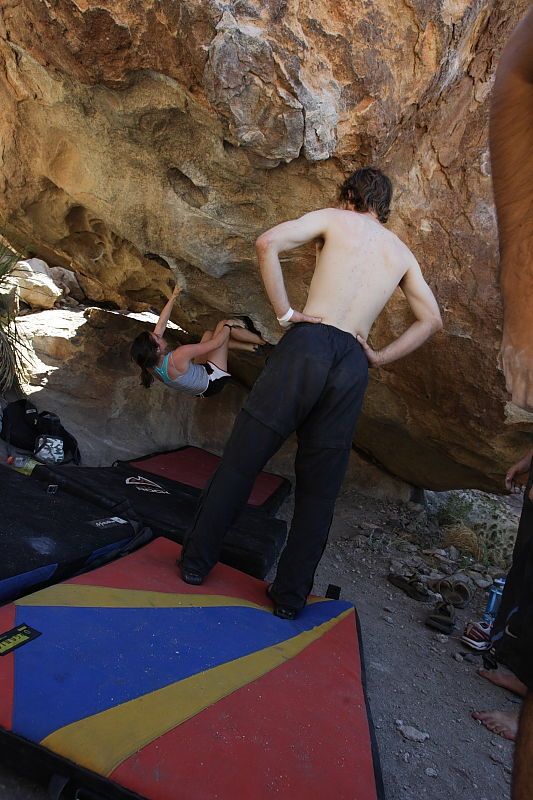 Sarah Williams rock climbing on No One Gets Out of Here Alive (V2) in Hueco Tanks State Park and Historic Site during the Hueco Tanks Awesome Fest 2010 trip, Sunday, May 23, 2010.

Filename: SRM_20100523_11334744.JPG
Aperture: f/5.6
Shutter Speed: 1/500
Body: Canon EOS-1D Mark II
Lens: Canon EF 16-35mm f/2.8 L