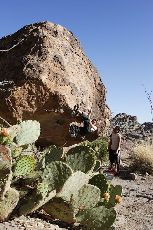 Andrew Dreher rock climbing on No One Gets Out of Here Alive (V2) in Hueco Tanks State Park and Historic Site during the Hueco Tanks Awesome Fest 2010 trip, Sunday, May 23, 2010.

Filename: SRM_20100523_18501212.JPG
Aperture: f/8.0
Shutter Speed: 1/1000
Body: Canon EOS-1D Mark II
Lens: Canon EF 16-35mm f/2.8 L