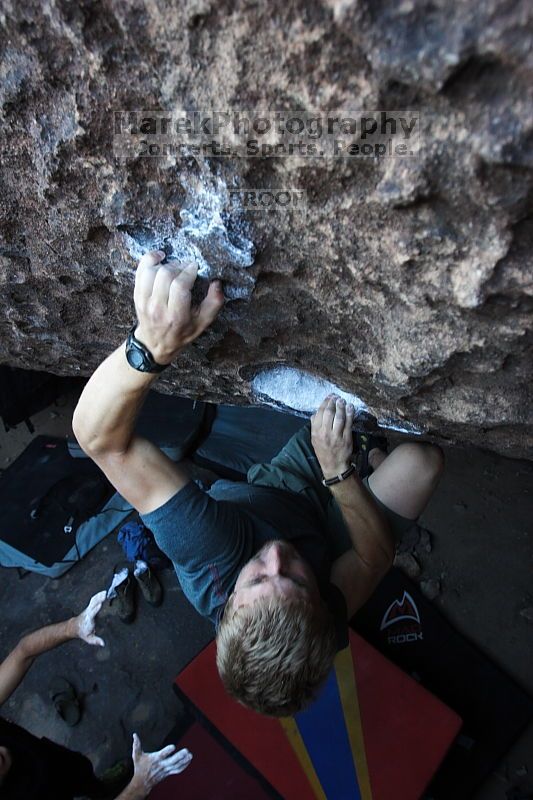 Rock climbing in Hueco Tanks State Park and Historic Site during the Hueco Tanks Awesome Fest 2.0 trip, Sunday, September 05, 2010.

Filename: SRM_20100905_19120014.JPG
Aperture: f/4.0
Shutter Speed: 1/200
Body: Canon EOS 20D
Lens: Canon EF 16-35mm f/2.8 L