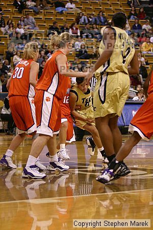 The Georgia Tech women's basketball team played Clemson.

Filename: img_0611_std.jpg
Aperture: f/2.8
Shutter Speed: 1/320
Body: Canon EOS DIGITAL REBEL
Lens: Canon EF 80-200mm f/2.8 L