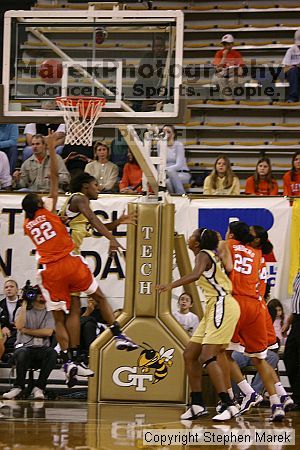 The Georgia Tech women's basketball team played Clemson.

Filename: img_0597_std.jpg
Aperture: f/2.8
Shutter Speed: 1/320
Body: Canon EOS DIGITAL REBEL
Lens: Canon EF 80-200mm f/2.8 L