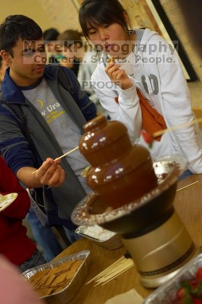 Nalin Verma and Taeyoung Kim.  The Asian Business Students Association (ABSA) hosted a chocolate fondue Friday, January 26, 2007 before heading off to a movie premier.

Filename: SRM_20070126_1652240.jpg
Aperture: f/2.0
Shutter Speed: 1/50
Body: Canon EOS-1D Mark II
Lens: Canon EF 50mm f/1.8 II