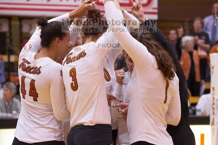 UT senior Brandy Magee (#44, MB), UT junior Lauren Paolini (#3, UTIL), UT sophomore Ashley Engle (#10, S/RS), UT freshman Juliann Faucette (#1, OH) and UT senior Alyson Jennings (#16, L) prepare for the third game.  The Longhorns defeated the Huskers 3-0 o

Filename: SRM_20071024_1948225.jpg
Aperture: f/4.0
Shutter Speed: 1/320
Body: Canon EOS-1D Mark II
Lens: Canon EF 80-200mm f/2.8 L