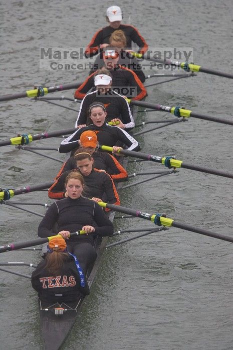 The Longhorns first varsity eight of coxswain Mary Cait McPherson, stroke Luise Fleischhauer, Callie Mattrisch, Jen Vander Maarel, Kellie Lunday, Jelena Zunic, Emilie Sallee, Alex Janss and Nancy Arrington placed first with a time of 28:09.00.  The women's rowing team competed in the 2008 Fighting Nutria on Saturday, February 16, 2008.

Filename: SRM_20080216_0826542.jpg
Aperture: f/4.0
Shutter Speed: 1/800
Body: Canon EOS-1D Mark II
Lens: Canon EF 300mm f/2.8 L IS