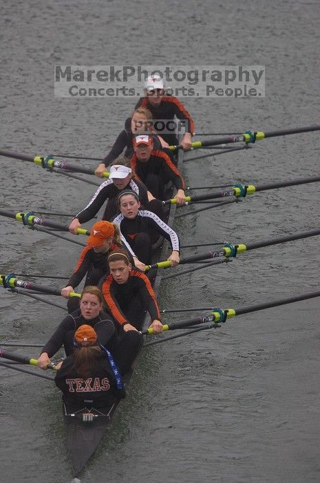 The Longhorns first varsity eight of coxswain Mary Cait McPherson, stroke Luise Fleischhauer, Callie Mattrisch, Jen Vander Maarel, Kellie Lunday, Jelena Zunic, Emilie Sallee, Alex Janss and Nancy Arrington placed first with a time of 28:09.00.  The women's rowing team competed in the 2008 Fighting Nutria on Saturday, February 16, 2008.

Filename: SRM_20080216_0826586.jpg
Aperture: f/4.0
Shutter Speed: 1/800
Body: Canon EOS-1D Mark II
Lens: Canon EF 300mm f/2.8 L IS