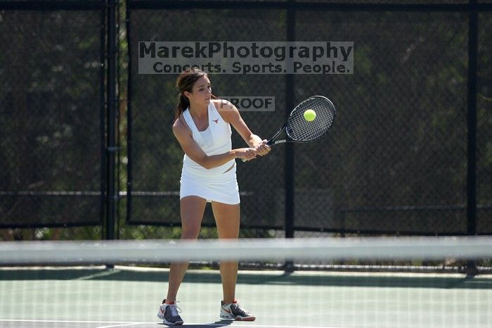 Fourth singles UT freshman Maggie Mello lost to CSUS junior Karina Jarlkaganova 6-7 (2), 4-6.  The University of Texas defeated Sacramento State on Saturday, March 22, 2008.

Filename: SRM_20080322_1246306.jpg
Aperture: f/2.8
Shutter Speed: 1/2000
Body: Canon EOS-1D Mark II
Lens: Canon EF 300mm f/2.8 L IS