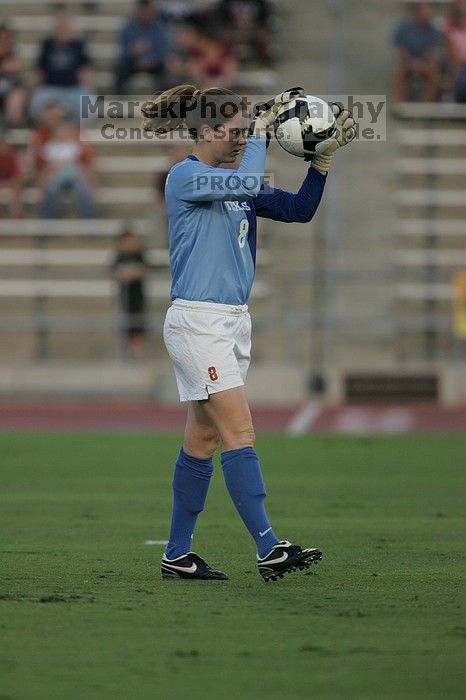 UT senior Dianna Pfenninger (#8, Goalkeeper).  The University of Texas women's soccer team tied 0-0 against the Texas A&M Aggies Friday night, September 27, 2008.

Filename: SRM_20080926_1905149.jpg
Aperture: f/4.0
Shutter Speed: 1/1000
Body: Canon EOS-1D Mark II
Lens: Canon EF 300mm f/2.8 L IS