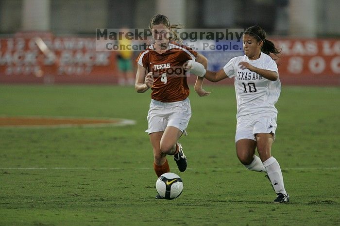 UT senior Jill Gilbeau (#4, Defender and Midfielder).  The University of Texas women's soccer team tied 0-0 against the Texas A&M Aggies Friday night, September 27, 2008.

Filename: SRM_20080926_1922227.jpg
Aperture: f/4.0
Shutter Speed: 1/500
Body: Canon EOS-1D Mark II
Lens: Canon EF 300mm f/2.8 L IS