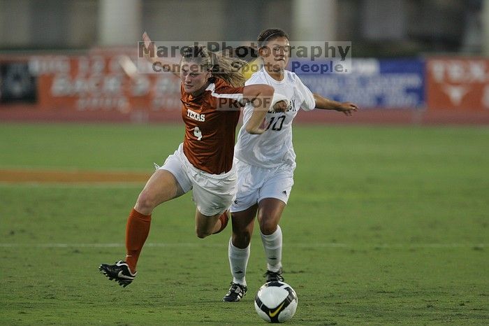 UT senior Jill Gilbeau (#4, Defender and Midfielder).  The University of Texas women's soccer team tied 0-0 against the Texas A&M Aggies Friday night, September 27, 2008.

Filename: SRM_20080926_1922240.jpg
Aperture: f/4.0
Shutter Speed: 1/400
Body: Canon EOS-1D Mark II
Lens: Canon EF 300mm f/2.8 L IS