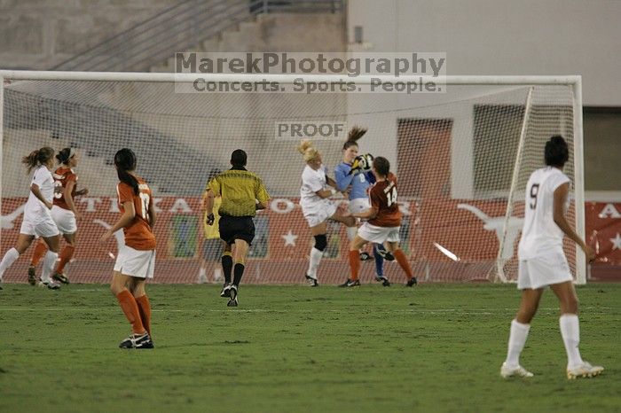 UT freshman Amanda Lisberger (#13, Midfielder) and UT senior Kasey Moore (#14, Defender) watch as UT senior Dianna Pfenninger (#8, Goalkeeper) catches a shot on goal.  The University of Texas women's soccer team tied 0-0 against the Texas A&M Aggies Friday night, September 27, 2008.

Filename: SRM_20080926_1928582.jpg
Aperture: f/4.0
Shutter Speed: 1/400
Body: Canon EOS-1D Mark II
Lens: Canon EF 300mm f/2.8 L IS