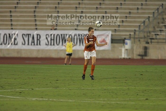 UT senior Kasey Moore (#14, Defender) heads the ball.  The University of Texas women's soccer team tied 0-0 against the Texas A&M Aggies Friday night, September 27, 2008.

Filename: SRM_20080926_1935022.jpg
Aperture: f/4.0
Shutter Speed: 1/400
Body: Canon EOS-1D Mark II
Lens: Canon EF 300mm f/2.8 L IS