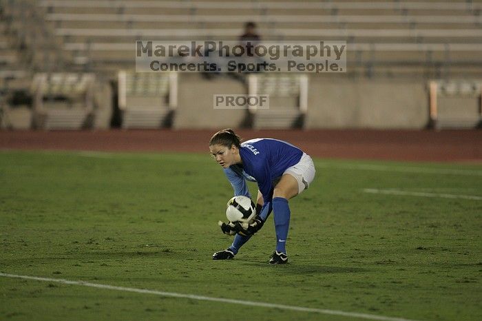 UT senior Dianna Pfenninger (#8, Goalkeeper) scoops up the ball.  The University of Texas women's soccer team tied 0-0 against the Texas A&M Aggies Friday night, September 27, 2008.

Filename: SRM_20080926_2014421.jpg
Aperture: f/2.8
Shutter Speed: 1/640
Body: Canon EOS-1D Mark II
Lens: Canon EF 300mm f/2.8 L IS