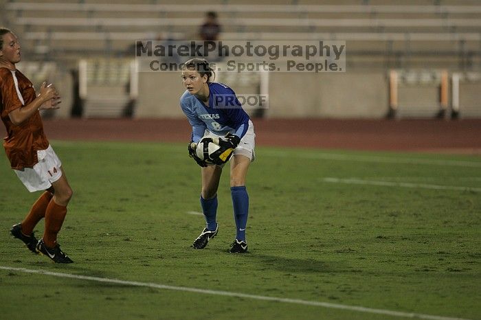 UT senior Dianna Pfenninger (#8, Goalkeeper) scoops up the ball.  The University of Texas women's soccer team tied 0-0 against the Texas A&M Aggies Friday night, September 27, 2008.

Filename: SRM_20080926_2014424.jpg
Aperture: f/2.8
Shutter Speed: 1/640
Body: Canon EOS-1D Mark II
Lens: Canon EF 300mm f/2.8 L IS