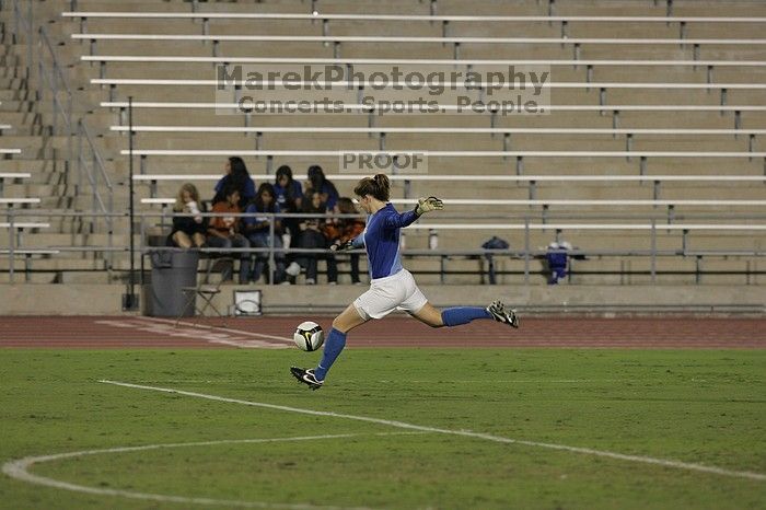 UT senior Dianna Pfenninger (#8, Goalkeeper) kicks the ball.  The University of Texas women's soccer team tied 0-0 against the Texas A&M Aggies Friday night, September 27, 2008.

Filename: SRM_20080926_2017049.jpg
Aperture: f/4.0
Shutter Speed: 1/400
Body: Canon EOS-1D Mark II
Lens: Canon EF 300mm f/2.8 L IS