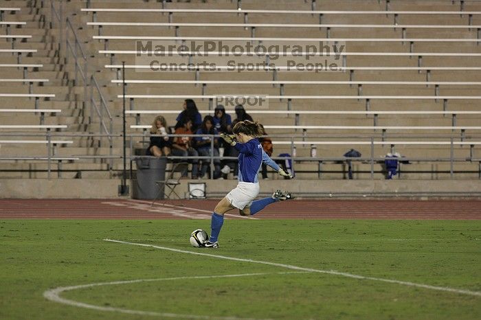 UT senior Dianna Pfenninger (#8, Goalkeeper) kicks the ball.  The University of Texas women's soccer team tied 0-0 against the Texas A&M Aggies Friday night, September 27, 2008.

Filename: SRM_20080926_2017060.jpg
Aperture: f/4.0
Shutter Speed: 1/400
Body: Canon EOS-1D Mark II
Lens: Canon EF 300mm f/2.8 L IS