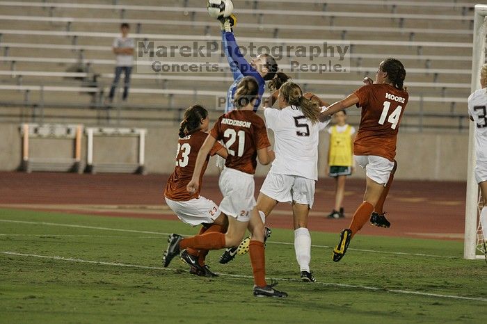 UT senior Dianna Pfenninger (#8, Goalkeeper) jumps up to block the shot on goal as UT senior Courtney Gaines (#23, Midfielder), UT junior Emily Anderson (#21, Forward), and UT senior Kasey Moore (#14, Defender) watch.  The University of Texas women's soccer team tied 0-0 against the Texas A&M Aggies Friday night, September 27, 2008.

Filename: SRM_20080926_2023500.jpg
Aperture: f/4.0
Shutter Speed: 1/400
Body: Canon EOS-1D Mark II
Lens: Canon EF 300mm f/2.8 L IS