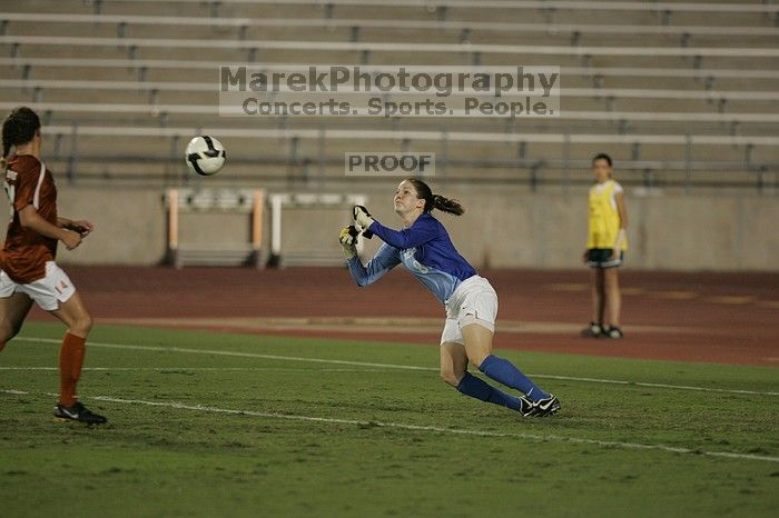 UT senior Dianna Pfenninger (#8, Goalkeeper) dives for the ball.  The University of Texas women's soccer team tied 0-0 against the Texas A&M Aggies Friday night, September 27, 2008.

Filename: SRM_20080926_2029001.jpg
Aperture: f/2.8
Shutter Speed: 1/640
Body: Canon EOS-1D Mark II
Lens: Canon EF 300mm f/2.8 L IS