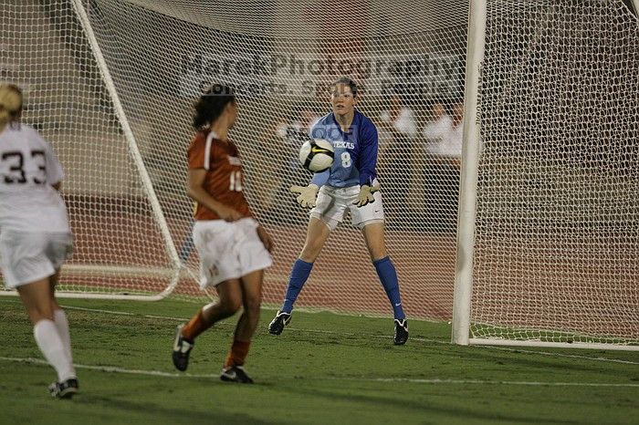 UT senior Dianna Pfenninger (#8, Goalkeeper) catches a shot on goal as UT senior Stephanie Logterman (#10, Defender) watches.  The University of Texas women's soccer team tied 0-0 against the Texas A&M Aggies Friday night, September 27, 2008.

Filename: SRM_20080926_2029167.jpg
Aperture: f/2.8
Shutter Speed: 1/640
Body: Canon EOS-1D Mark II
Lens: Canon EF 300mm f/2.8 L IS