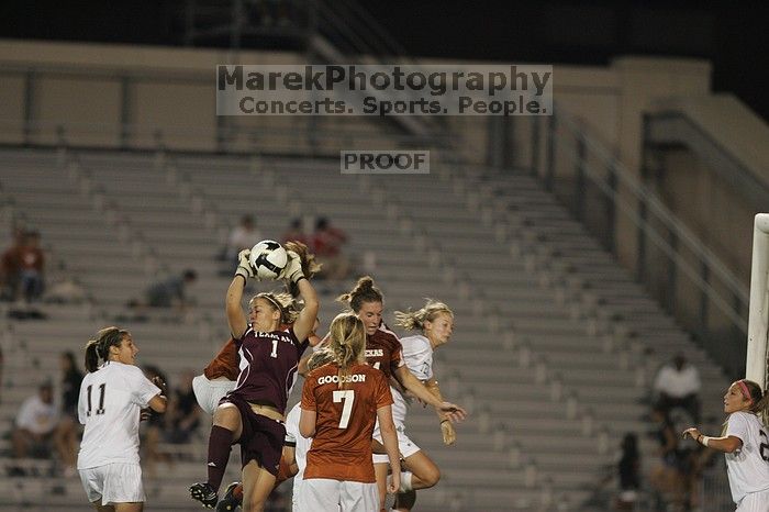 A&M goalkeeper catches another shot on goal as UT senior Kasey Moore (#14, Defender) and UT freshman Lucy Keith (#6, Midfielder) attempt the header and UT freshman Courtney Goodson (#7, Forward and Midfielder) watches.  The University of Texas women's soccer team tied 0-0 against the Texas A&M Aggies Friday night, September 27, 2008.

Filename: SRM_20080926_2049480.jpg
Aperture: f/2.8
Shutter Speed: 1/500
Body: Canon EOS-1D Mark II
Lens: Canon EF 300mm f/2.8 L IS