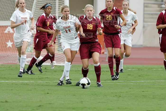 UT sophomore Niki Arlitt (#11, Forward) fights for the ball.  The University of Texas women's soccer team won 2-1 against the Iowa State Cyclones Sunday afternoon, October 5, 2008.

Filename: SRM_20081005_11594489.jpg
Aperture: f/8.0
Shutter Speed: 1/500
Body: Canon EOS-1D Mark II
Lens: Canon EF 300mm f/2.8 L IS