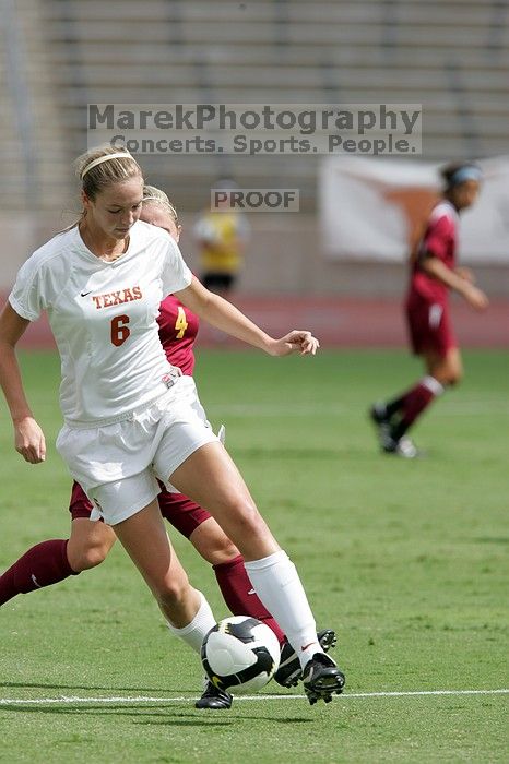 UT freshman Lucy Keith (#6, Midfielder).  The University of Texas women's soccer team won 2-1 against the Iowa State Cyclones Sunday afternoon, October 5, 2008.

Filename: SRM_20081005_12044640.jpg
Aperture: f/5.6
Shutter Speed: 1/2000
Body: Canon EOS-1D Mark II
Lens: Canon EF 300mm f/2.8 L IS