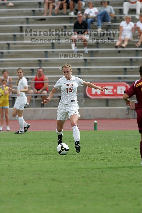 UT freshman Kylie Doniak (#15, Midfielder).  The University of Texas women's soccer team won 2-1 against the Iowa State Cyclones Sunday afternoon, October 5, 2008.

Filename: SRM_20081005_12064688.jpg
Aperture: f/5.6
Shutter Speed: 1/1600
Body: Canon EOS-1D Mark II
Lens: Canon EF 300mm f/2.8 L IS